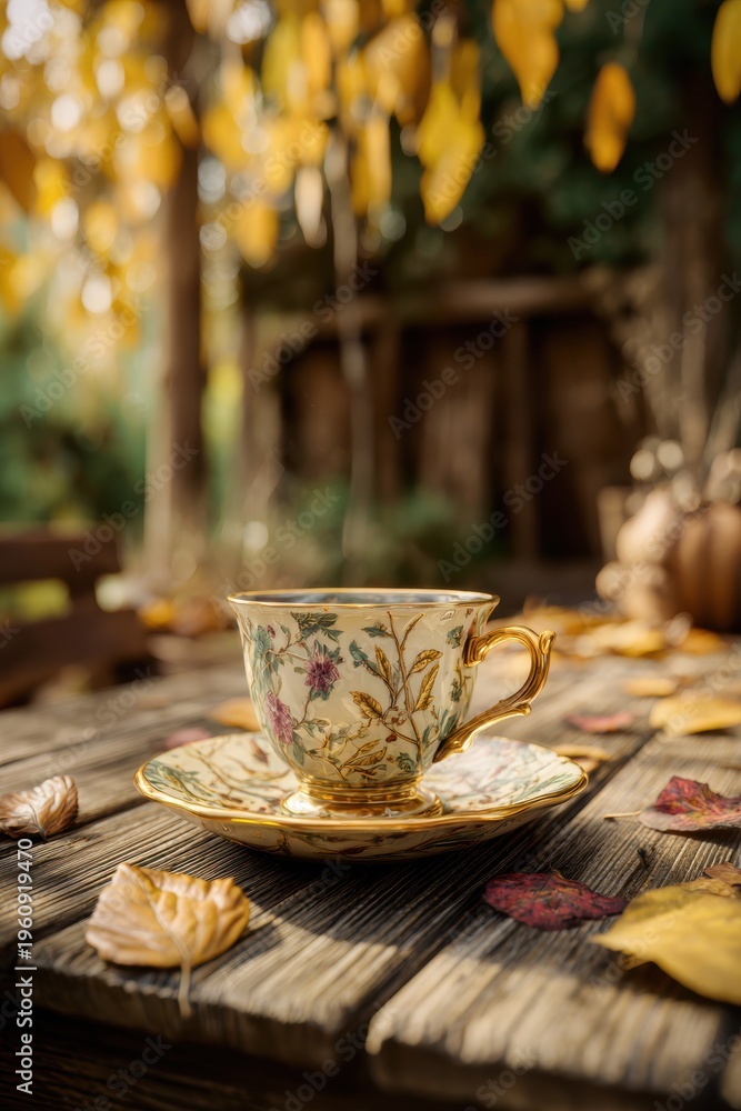 Fototapeta premium Spring Summer outdoor leisure relaxation activity. A still life photograph captures a serene outdoor setting during autumn. A vintage porcelain teacup and saucer.