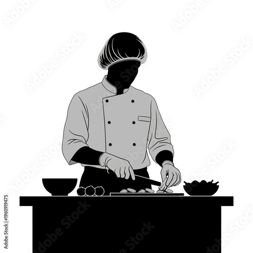 Chef preparing food in kitchen.