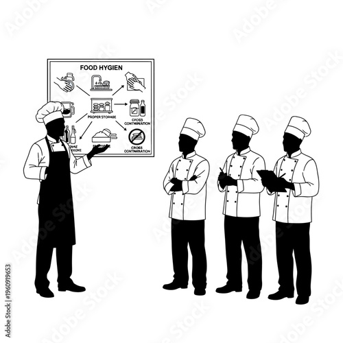 Chef presenting food hygiene to colleagues.