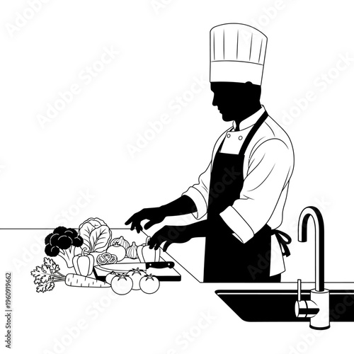 Chef preparing vegetables in kitchen.