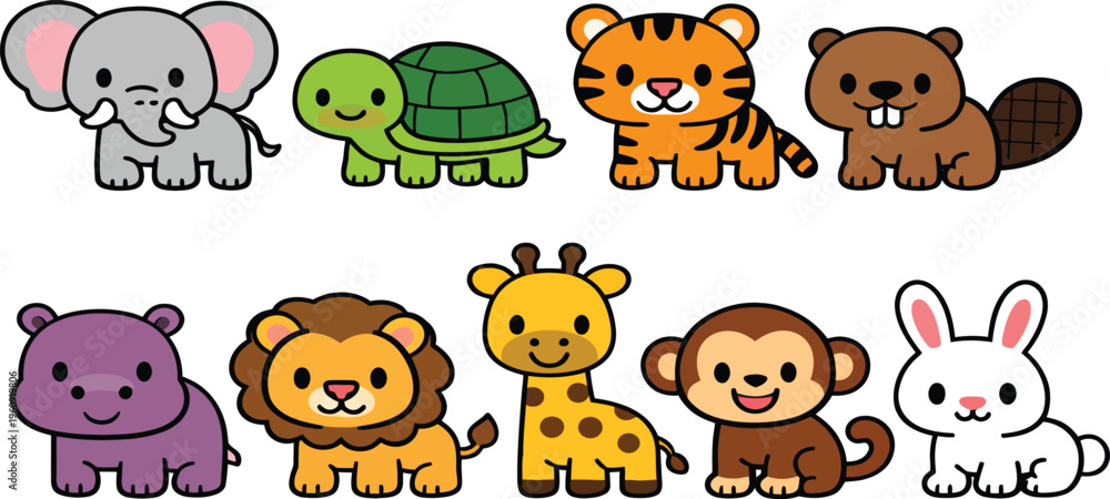 Fototapeta premium Cute vector animal icon set featuring cats, dogs, lions, bears, elephants and other animals in a simple black silhouette style collection