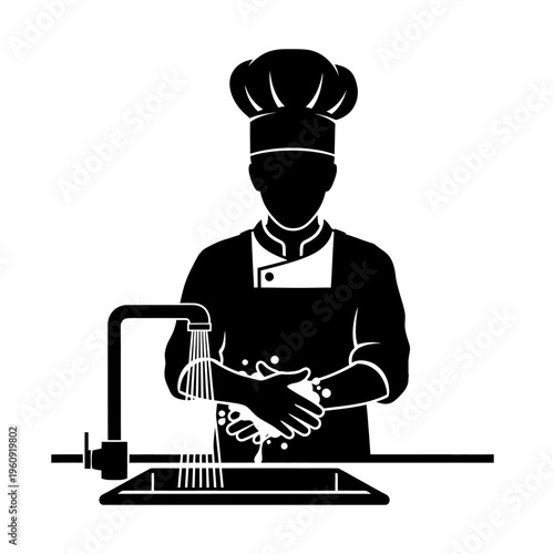 Chef washing hands under faucet.