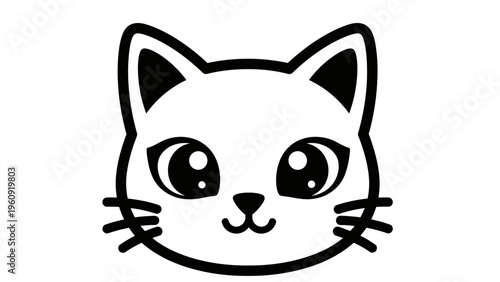 Cartoon cat face with big eyes and whiskers isolated on white background