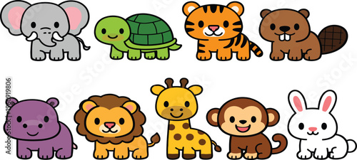 Cute vector animal icon set featuring cats, dogs, lions, bears, elephants and other animals in a simple black silhouette style collection