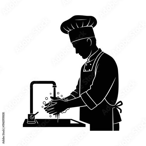 Chef Washing Hands Under Faucet.