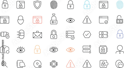 Collection of representing security privacy and data protection concepts with various symbols and colors