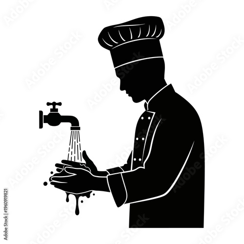 Chef washing hands under faucet.