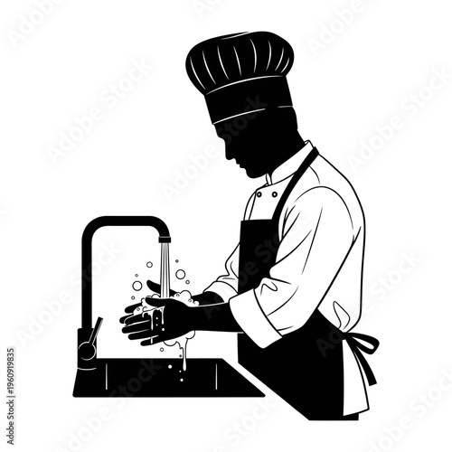 Chef washing hands under faucet.