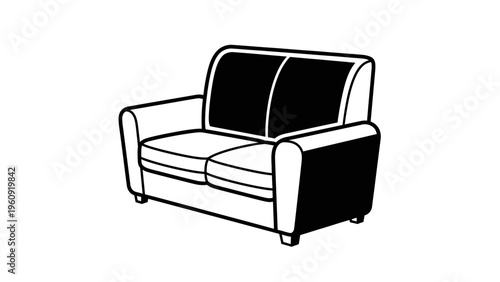 Black and white vector illustration of a modern two seater sofa design