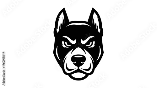 Bold black and white illustration of a dogs head focused frontal view