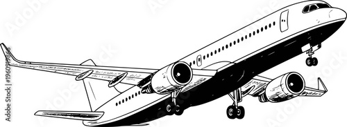 Black and white of a modern passenger jet airplane taking off with landing gear extended