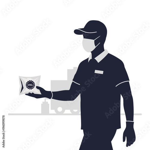 Delivery man wearing face mask holding food.