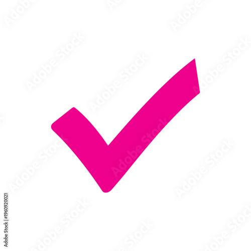 Pink checkmark, rendered with a playful, hand-drawn appearance, conveys acceptance and verification on an uncluttered white canvas.