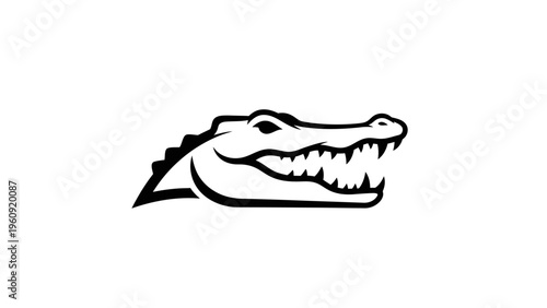 Black and white vector illustration of an alligator head with open jaws