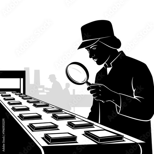 Man in hat examines evidence closely.