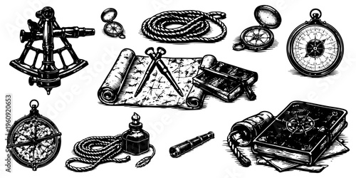 Vintage nautical navigation tools set, engraved marine instruments collection, sextant compass map rope telescope illustration