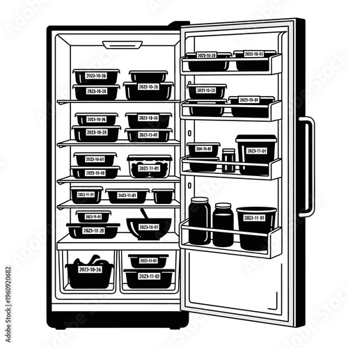 Open refrigerator with organized food storage.