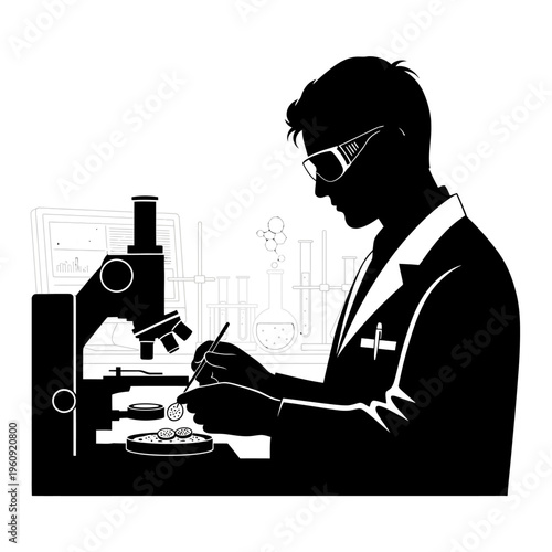 Scientist in lab coat working microscope.