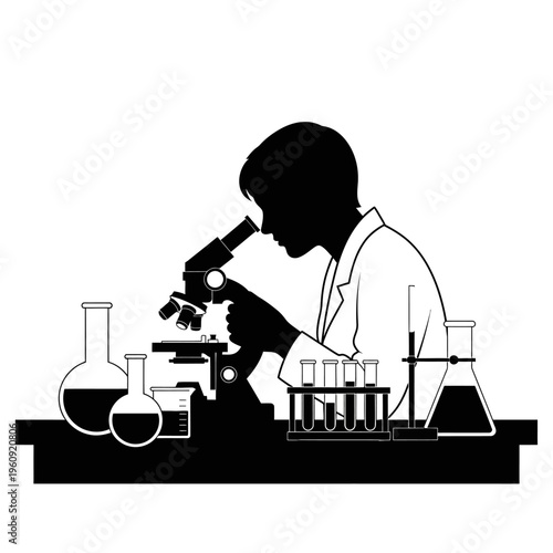 Scientist using a microscope in laboratory.