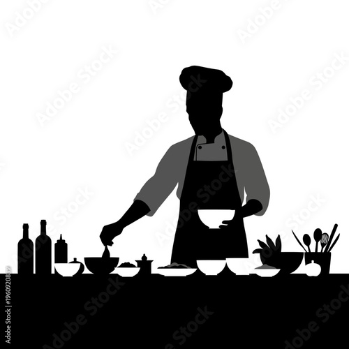 Silhouette of a chef cooking.