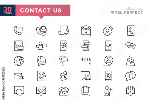 Contact us line icon set. Phone,  contact book, communication, call, support, clock outline vector icons. Editable stroke