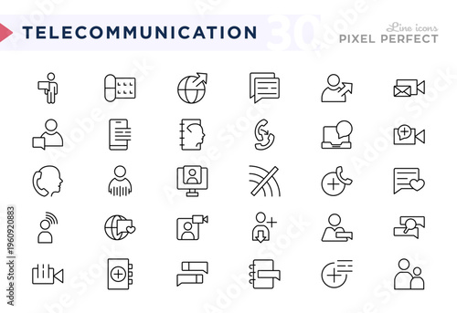 Telecommunication line icon set. Contact us, Phone, calendar, email, contact book, communication, call, support, clock outline vector icons