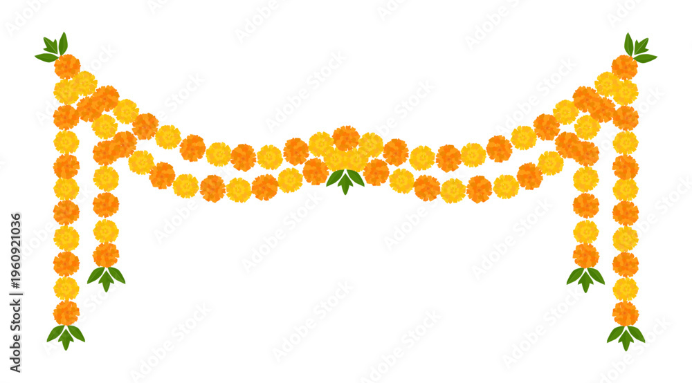 Obraz premium Yellow Orange Marigold Flower Border, Indian Toran Garland. Zendu Flowers flowers isolated on background. Festive Floral Party Decoration. Diwali, Halloween Dia de los Muertos, Vector Illustration