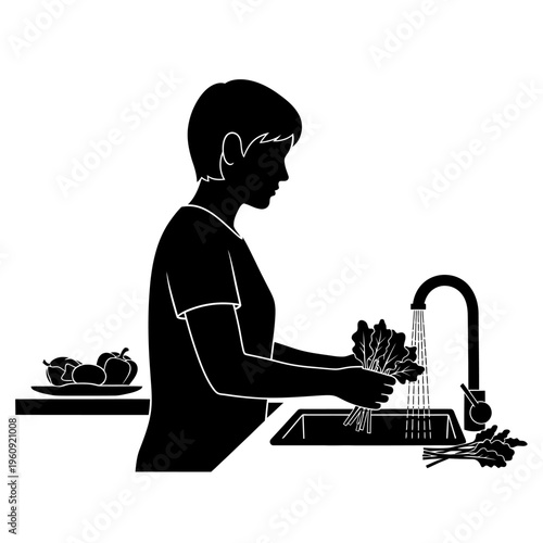Woman Washing Vegetables in Kitchen Sink.