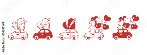 Whimsical valentines day and wedding cars with hearts and balloons. Vector doodle sketch red illustration. Charming coquette romantic design