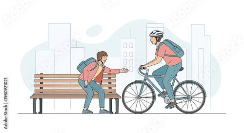 Cyclist and Person on Bench in City, Urban Scene, Helping Hand