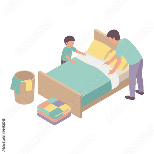 A man and a boy making a bed with yellow pillows and green sheets in a room.
