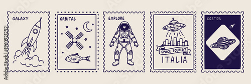 Retro astronaut postage doodles, hand drawn space traveler icons, whimsical cosmic mission elements, vintage scifi galaxy clip art, moon walk discovery stickers, celestial mail stamp set, aeronautics 