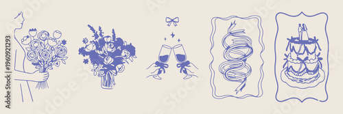 Romantic evening toast doodles, hand drawn wine and celebration sketches, whimsical date night icons, luxury anniversary party elements, elegant dinner event clip art, celebratory drink sticker set, c