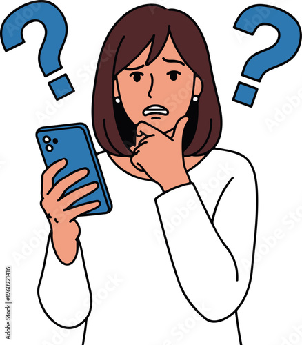 Woman confused by phone with question marks