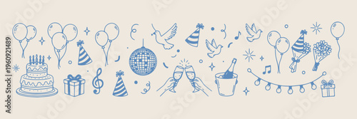 New Years Eve party doodles, hand drawn celebration toast sketches, whimsical festive event icons, champagne and disco ball elements, midnight countdown clip art, holiday party sticker set, cheers and