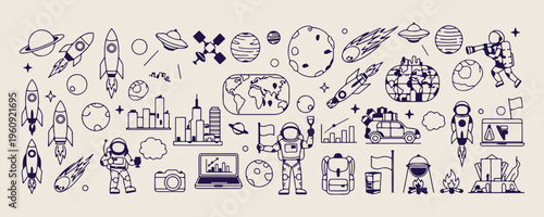 Space Mission Future City, Astronaut Urban Exploration Illustration, Galactic Science Discovery Design, Futuristic Civilization Travel Graphics, World Map Space Art, Sci-Fi Technology City Vector, Sea