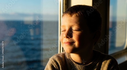Young Boy with a Serene Smile Gazing at the Ocean Through a Sunny Window on a Ferry