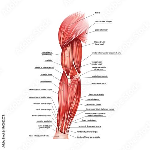 Detailed anatomical illustration of human upper limb muscles, showing shoulder, arm, and forearm muscle structure with labeled parts for medical and educational use.