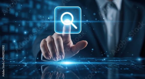 Professional hand touching a glowing search icon to initiate a query on a vast database