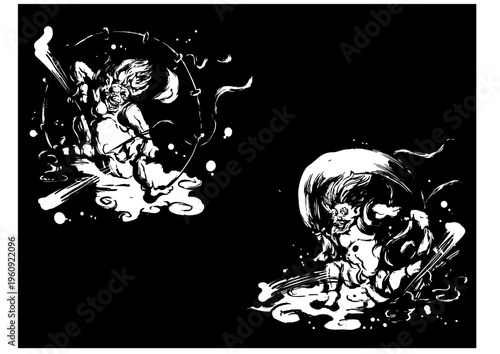 風神雷神の墨絵イラスト