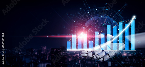 Wallpaper Mural This captivating image showcases a hand holding a vibrant graph representing growth over a digital globe, set against an illuminated cityscape at night. Impute Torontodigital.ca