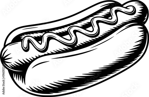 Black and White Stylized Hot Dog with Mustard a White Background hotdog food