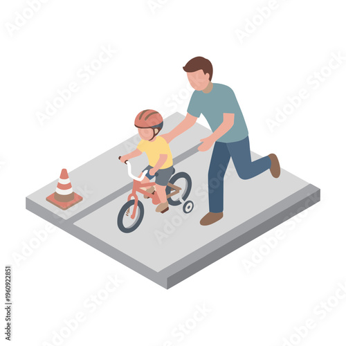 Father assists young child riding bicycle on road with traffic cone nearby