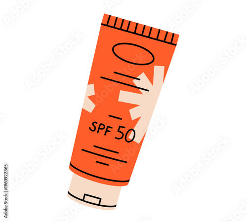 Hand drawn cute illustration sunscreen cream. Flat vector tube of SPF 50 protection from UVA and UVB doodle sticker. Skincare routine icon. Beach or pool toiletry. Summer vacation cosmetics. Isolated
