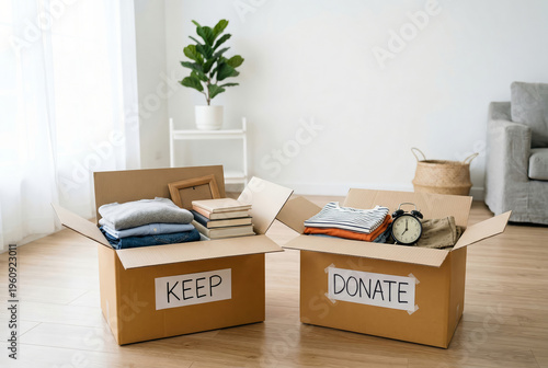Decluttering home with donation and keep boxes, organizing and moving concept