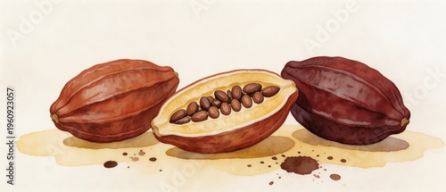 Fresh Cacao Pods with Split Open Pod Revealing Beans on Neutral Background