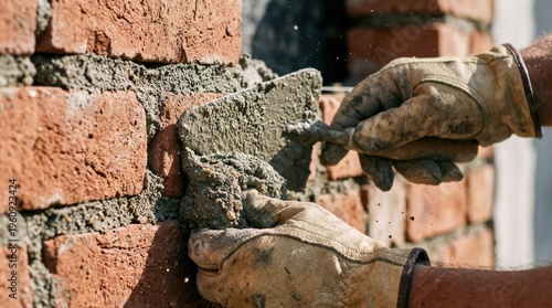 Skilled Craftsman Applying Cement to Brick Wall with Trowel Wearing Work Gloves