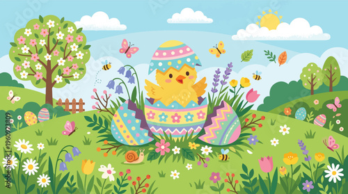Happy Easter greeting card featuring a cute yellow chick hatching from a decorated egg in a vibrant meadow with blooming flowers and green trees