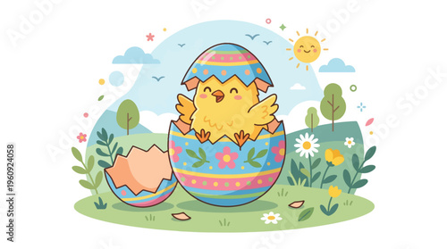 Adorable cartoon chick joyfully hatching from a vibrant patterned Easter egg amidst a cheerful spring meadow with blooming flowers and bright sunshine, celebrating new life and the season