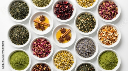 Colorful Arrangement of Dried Spices and Herbs in Round White Bowls on a Light Background
